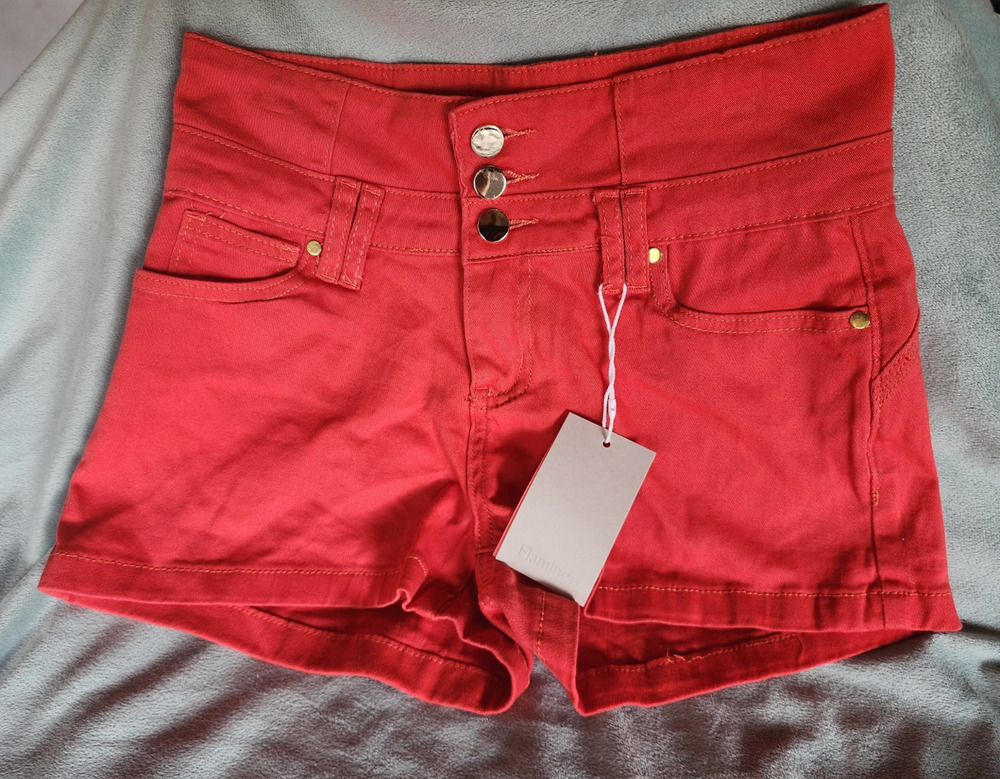 Flamingo Jean Shorts Red Coral Denim High Waist Size Small NWT